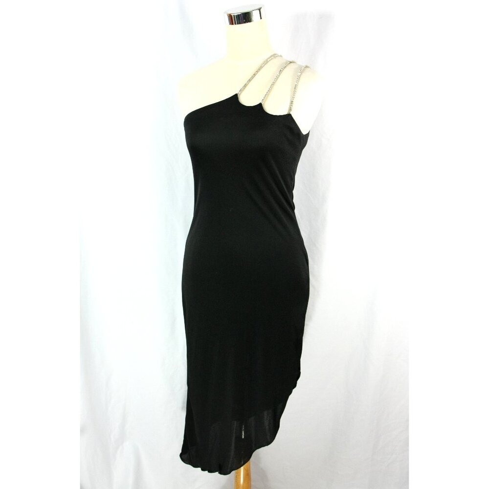 Vintage One Shoulder Rhinestone Asymmetrical Hem Bodycon Cocktail Party Dress S